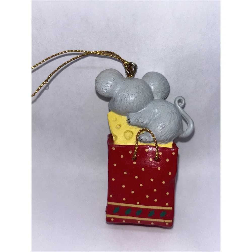 Vintage Christmas Ornament Mouse In Gift Bag W Cheese 3